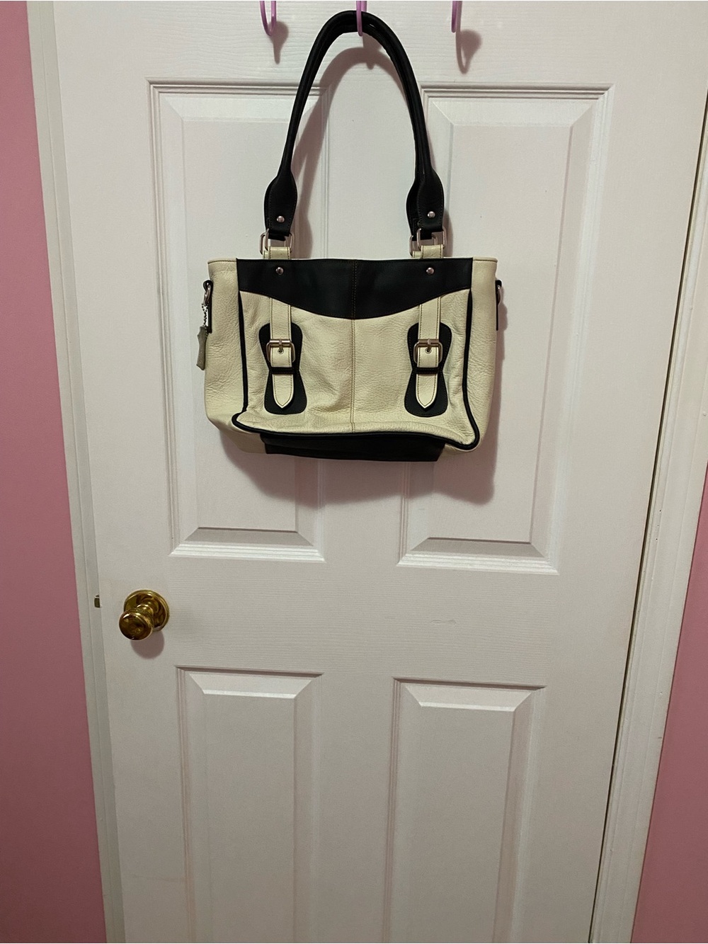 Vintage RARE Women’s Bag Cream and Black Leather Bag - Picture 3 of 13